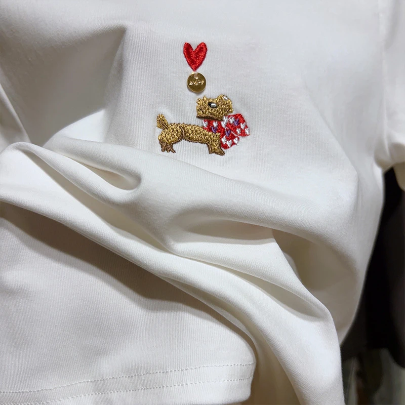 2025大码夏季胖mm短袖T恤刺绣爱心小狗休闲百搭简约百搭显瘦上衣