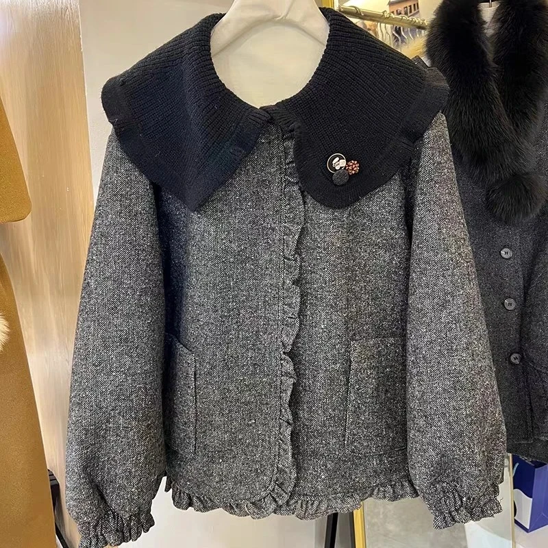 气质款拼接针织大翻领木耳边编织小香风外套