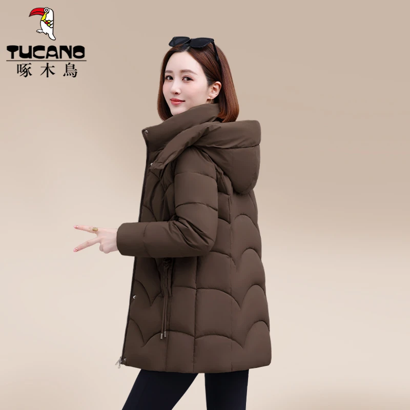 啄木鸟中长款棉服女款2025新款冬季妈妈加厚保暖棉衣时尚女士棉袄
