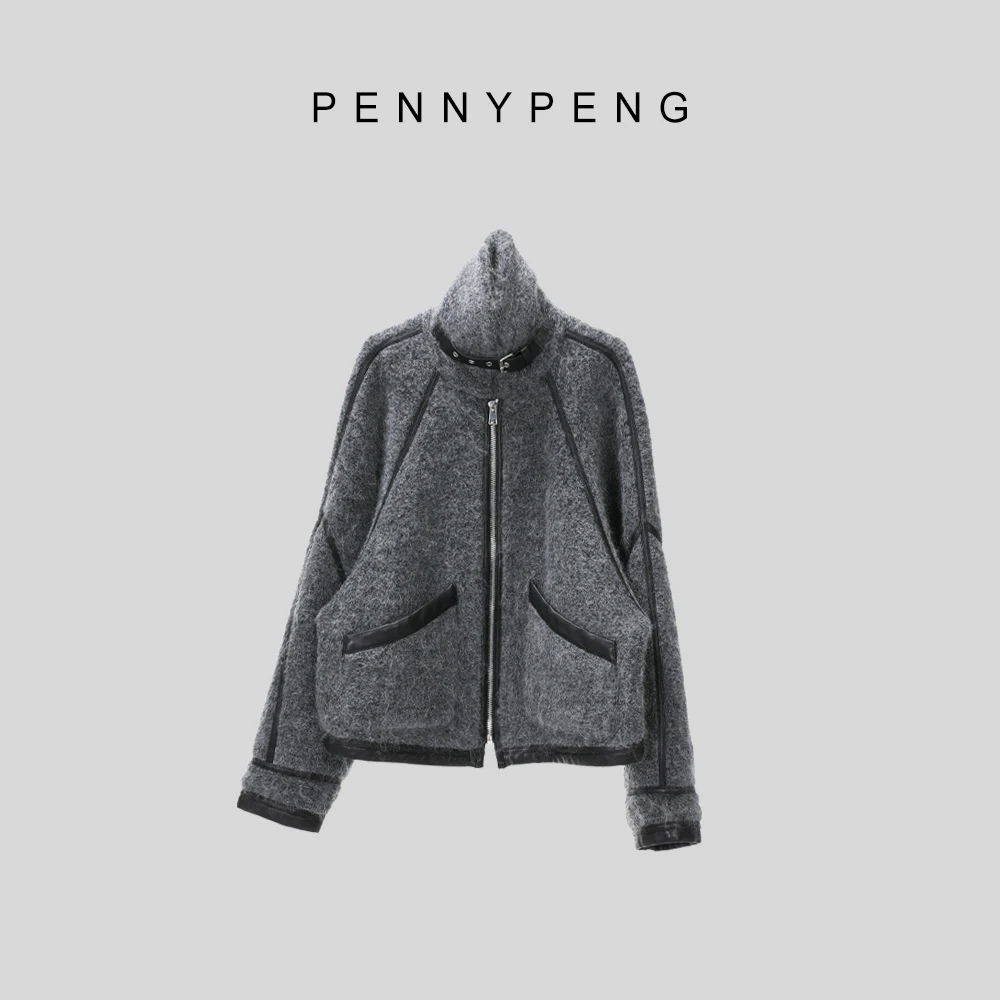 PENNYPENG飞行日记早春气质保暖百搭红人灰色时尚马海毛羊毛外套