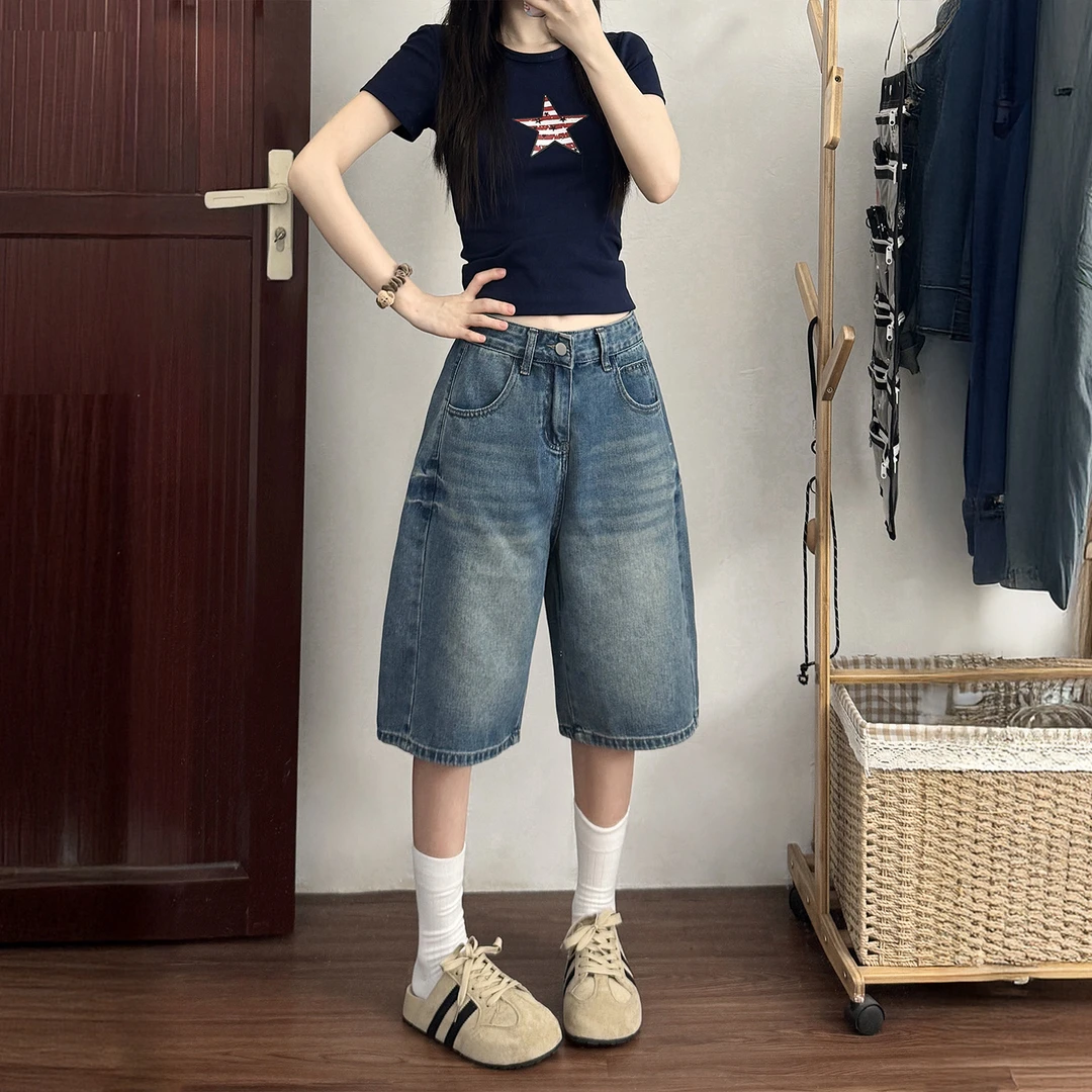 梨型身材美式牛仔短裤女夏季新款胖妹妹mm高腰显瘦弯刀阔腿五分裤