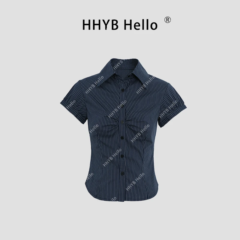 HHYB Hello复古条纹收腰短袖衬衫2025新款小众辣妹显瘦上衣252027