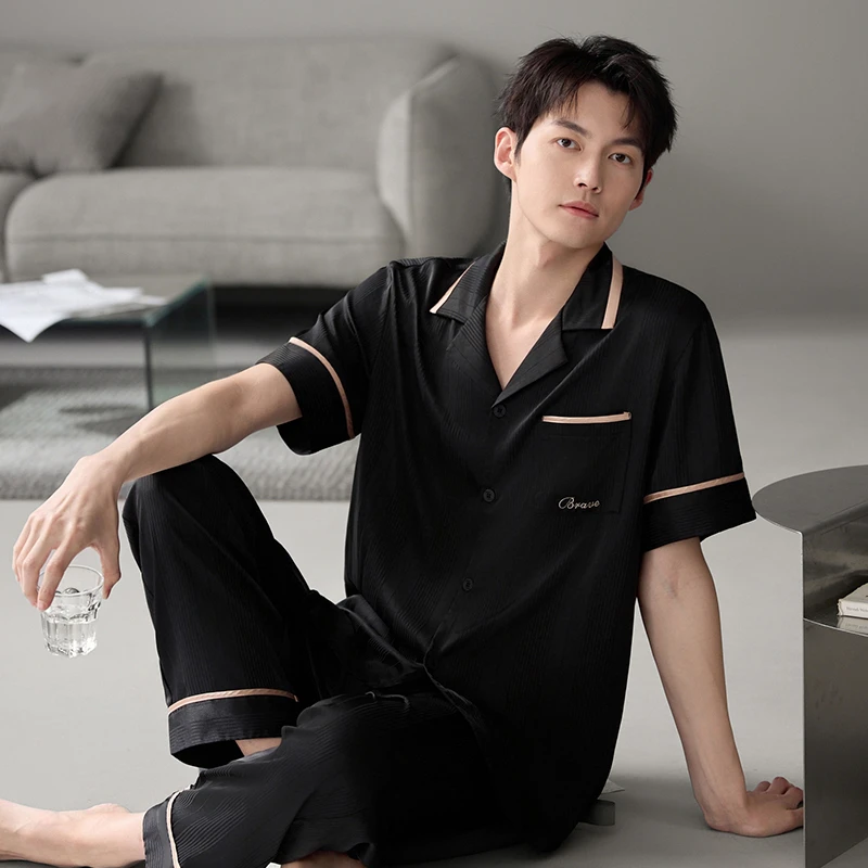 男夏季短袖睡衣防凹点家居服套装家居服翻领宽松简约加大码