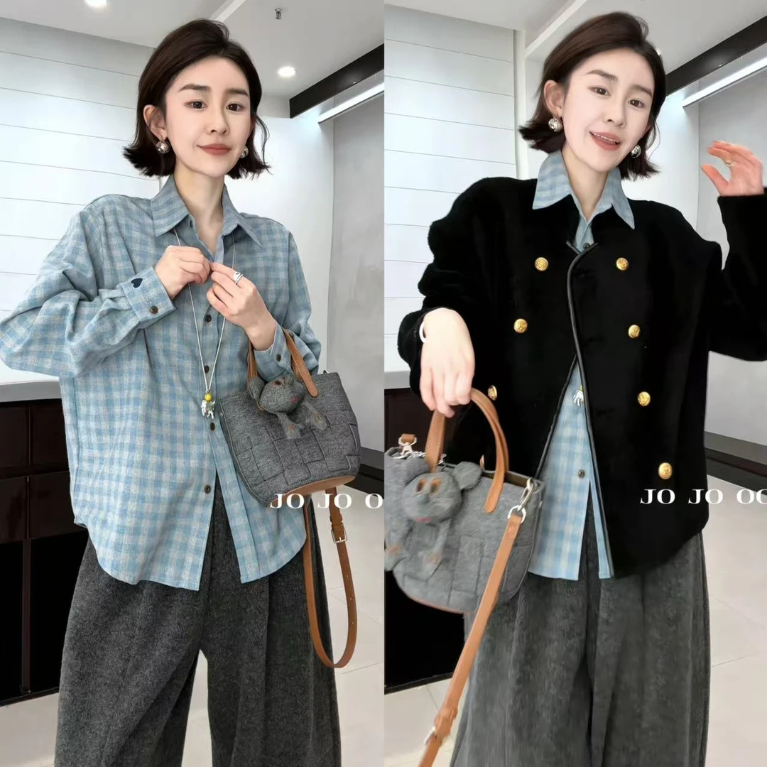 玖了个玖 2025冬季新款小众设计极简浅蓝色翻领格子衬衫2511C8387