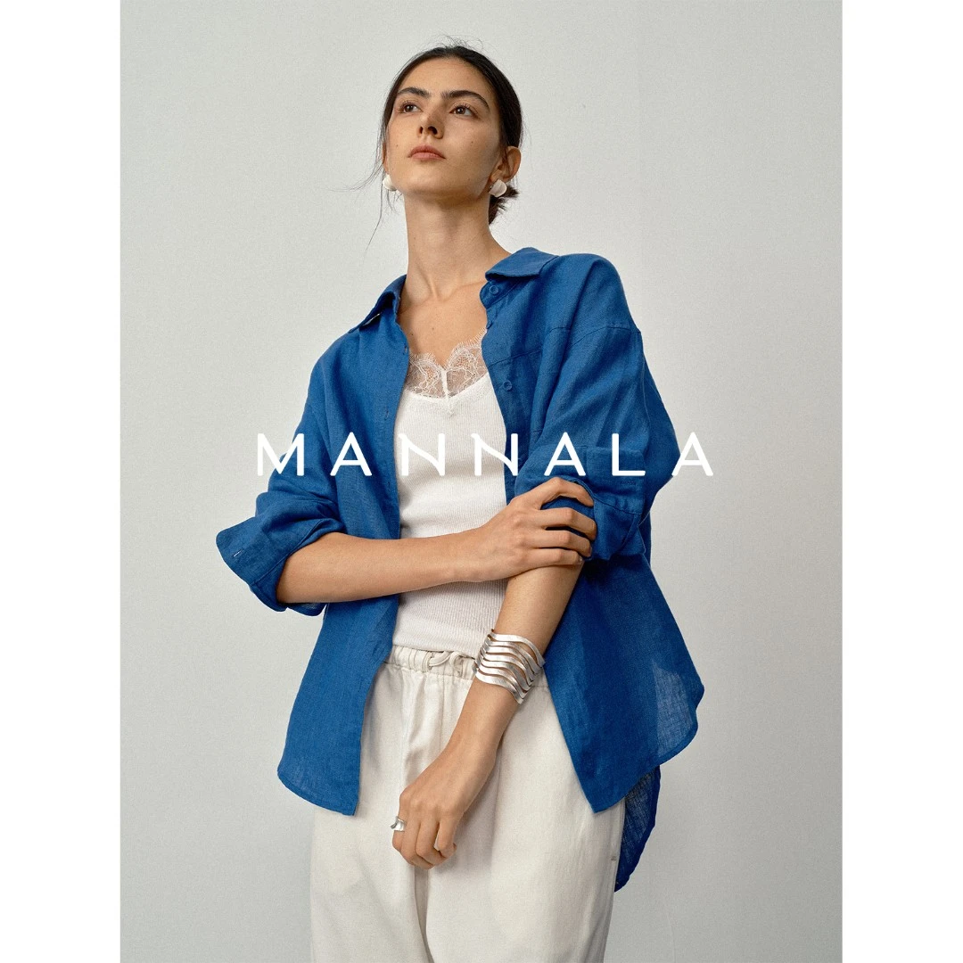 MANNALA丨“海蓝宝”松弛老钱风亚麻宽松慵懒感长袖蓝色衬衫Q2497