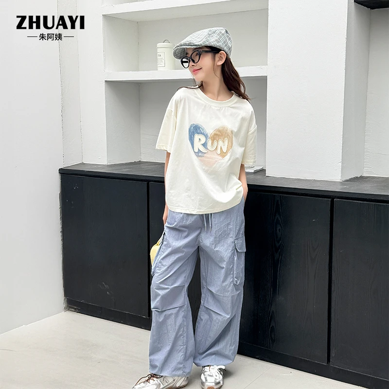 朱阿姨女大童休闲裤2025夏季【短袖工装两件套】夏季薄款套装大女孩
