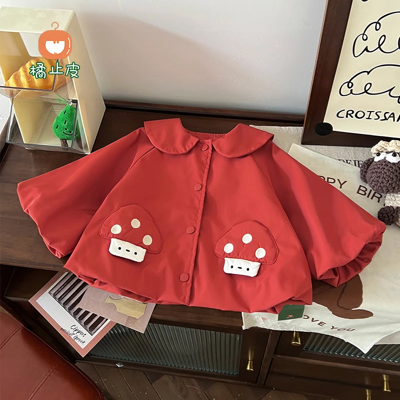 橘止皮【现货】CW257645女童外套2025春季卡通蘑菇风衣开衫