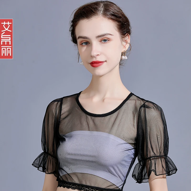 搭配吊带连衣裙内搭打底上衣夏季薄款网纱打底衫女蕾丝短袖上衣潮