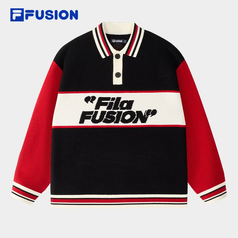 FILA FUSION新年款情侣款编织衫25春新款拼色翻领毛衣T11U512404F