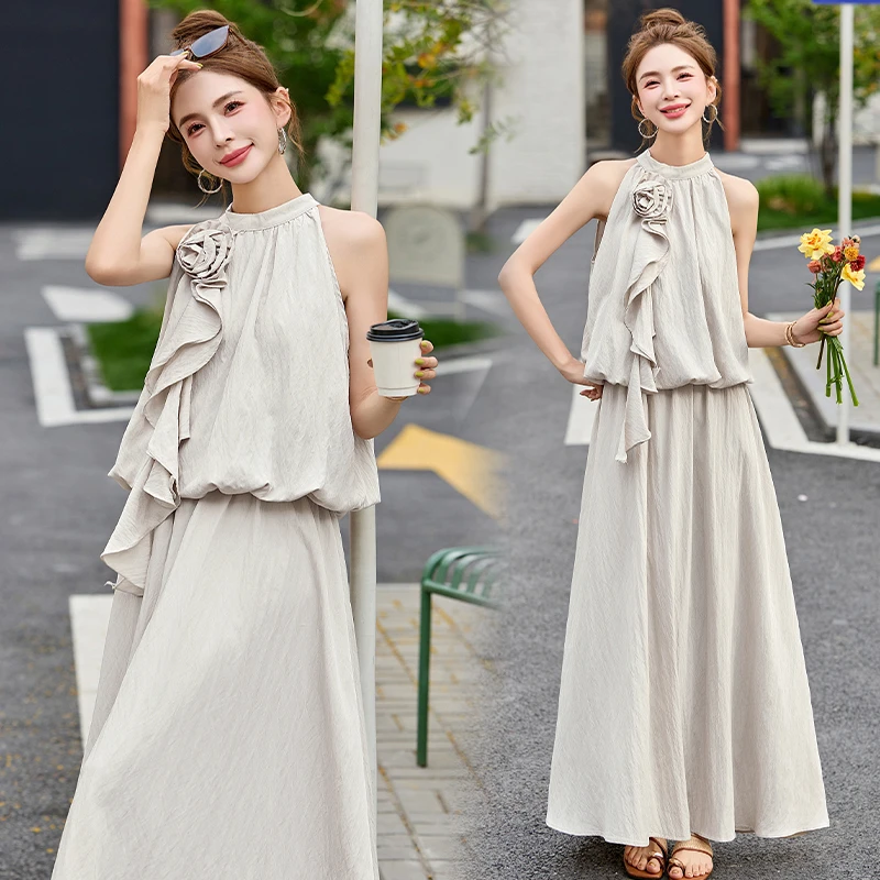 法式气质挂脖套装裙女2025年夏季新款高级感时尚气质半身裙两件套