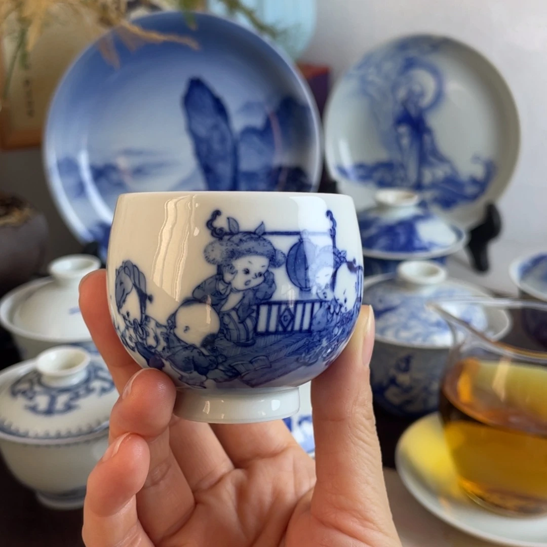 青花童子禅定杯杯