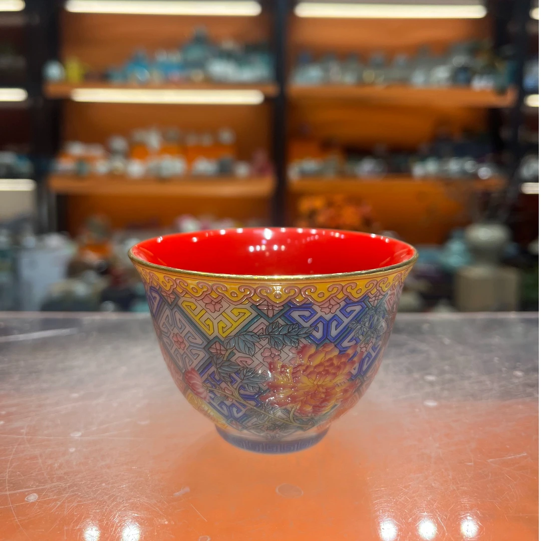 友名 珐琅彩-杏山-几何花纹-反口杯主人杯-5227