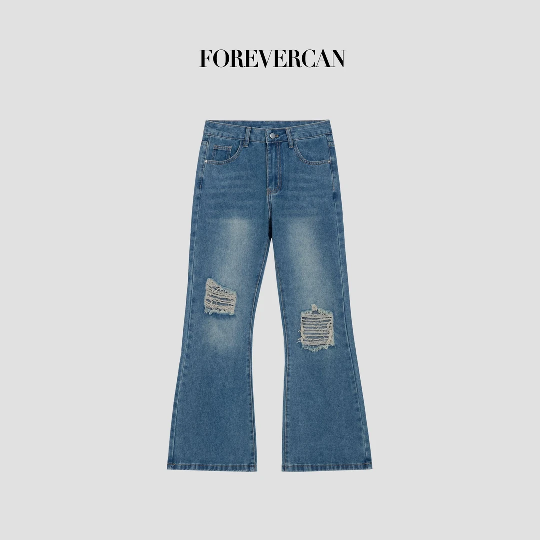FOREVERCAN“新浪潮”复古做旧破洞百搭微喇叭牛仔裤SP30647