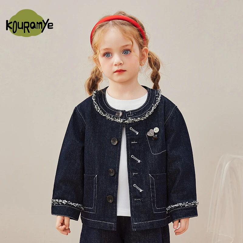 酷娃米2025年春季亲子新款洋气百搭舒适纽扣毛边牛仔外套20752