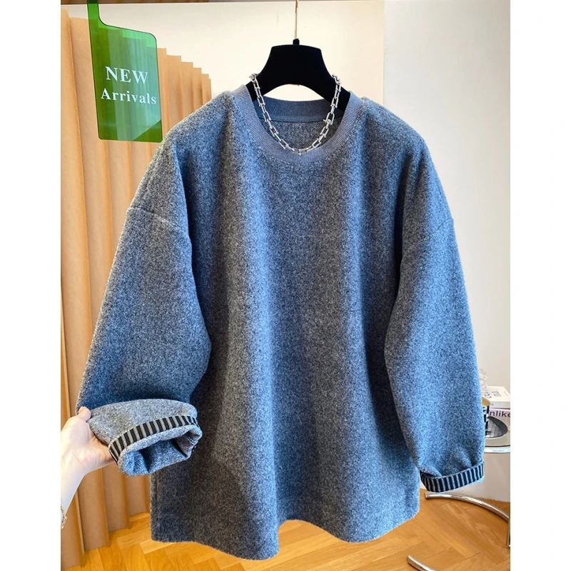 超好看的灰色毛呢卫衣女中长款遮屁股洋气高档韩版宽松双面绒上衣