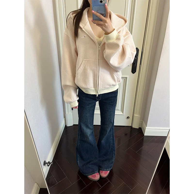 【短款外套】腊肠小狗绣花粉色条纹加厚外套秋冬时尚百搭连帽卫衣女