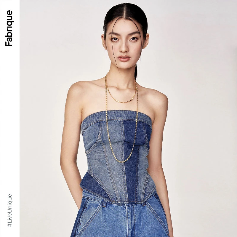 【贤哥专享】Fabrique大师牛仔拼色牛仔抹胸性感收腰吊带辣妹露肩