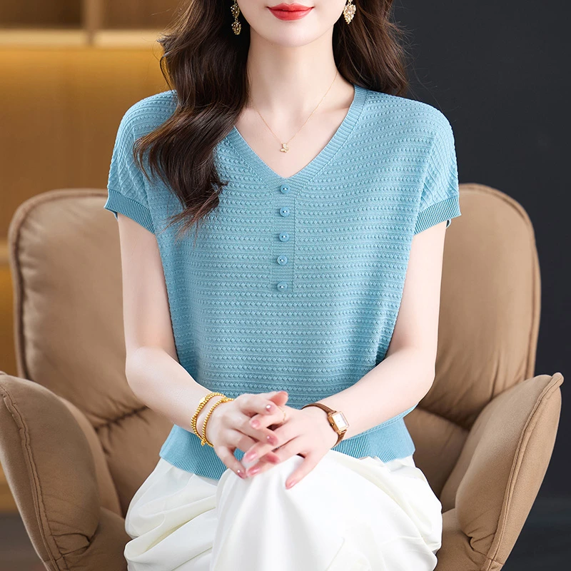 独特漂亮夏装薄款气质短袖T恤2025新款时尚减龄好看天丝针织衫女