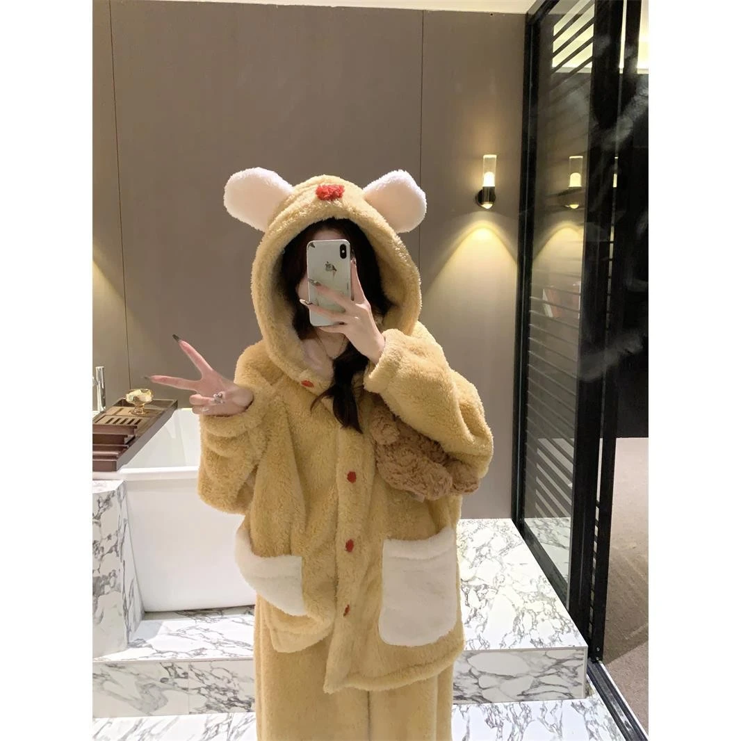 加厚珊瑚绒连帽保暖长袖睡衣睡裤连帽可外穿女2025冬季家居服套装