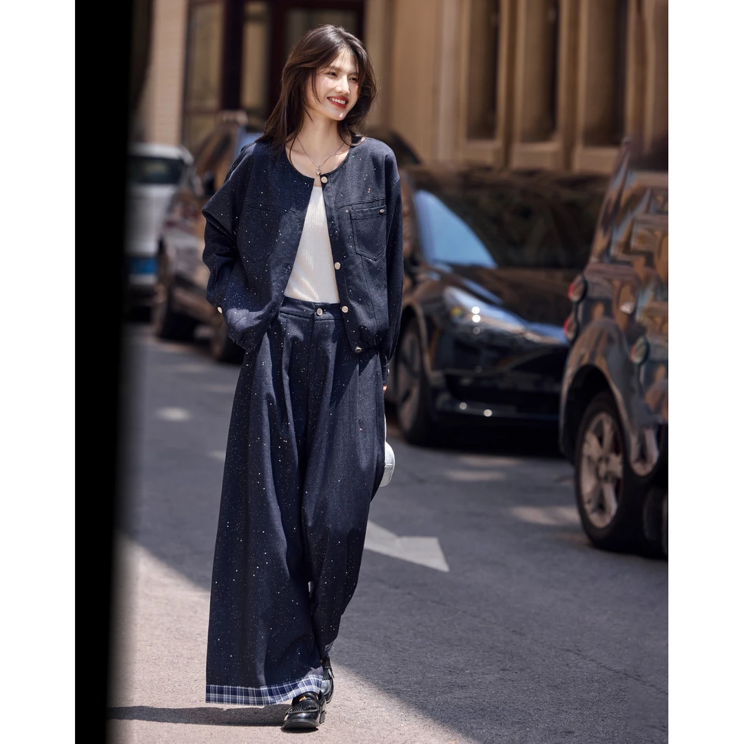 尚静通勤风星空亮点套装裤女2025秋季新款个性简约外套高腰阔腿裤
