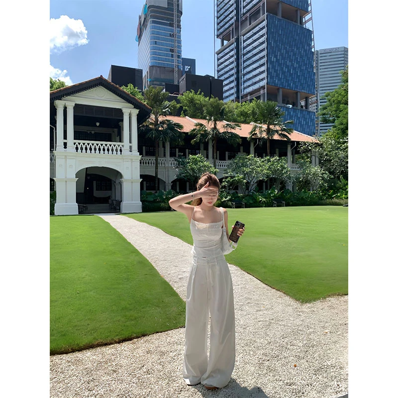 2025夏季新款法式纯欲风辣妹气质抹胸上衣高腰显瘦宽松休闲阔腿裤