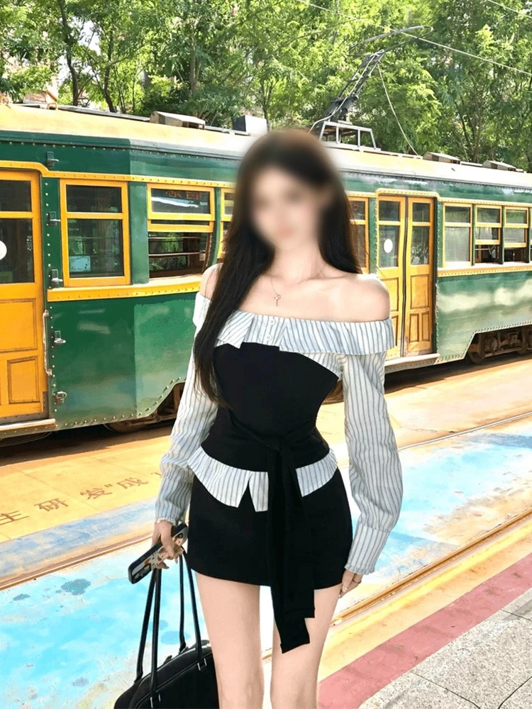 K10128韩系条纹拼接一字肩长袖衬衫女早秋辣妹高腰显瘦A字裙套装