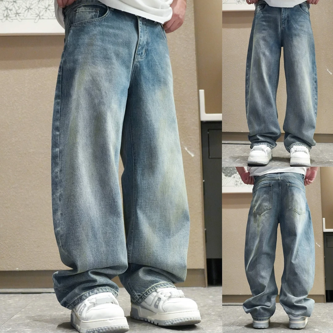 【小爽J·FIVE搭配】复古简约水洗做旧脏染牛仔拖地阔腿裤7823