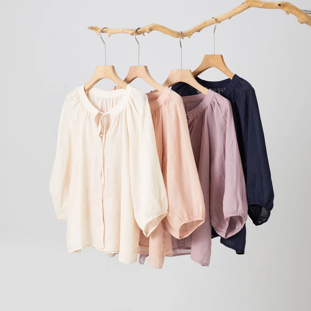 100%苎麻圆V领七分袖宽松衬衣女夏季高级感简约百搭衬衫小衫