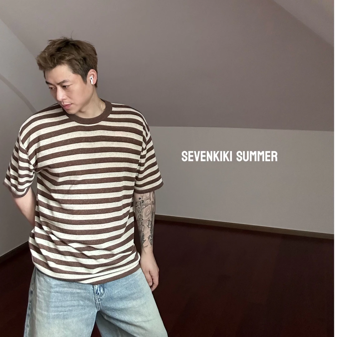 SEVEN KIKI “新钱风”宽条纹莱赛尔亚麻240G针织T恤24327