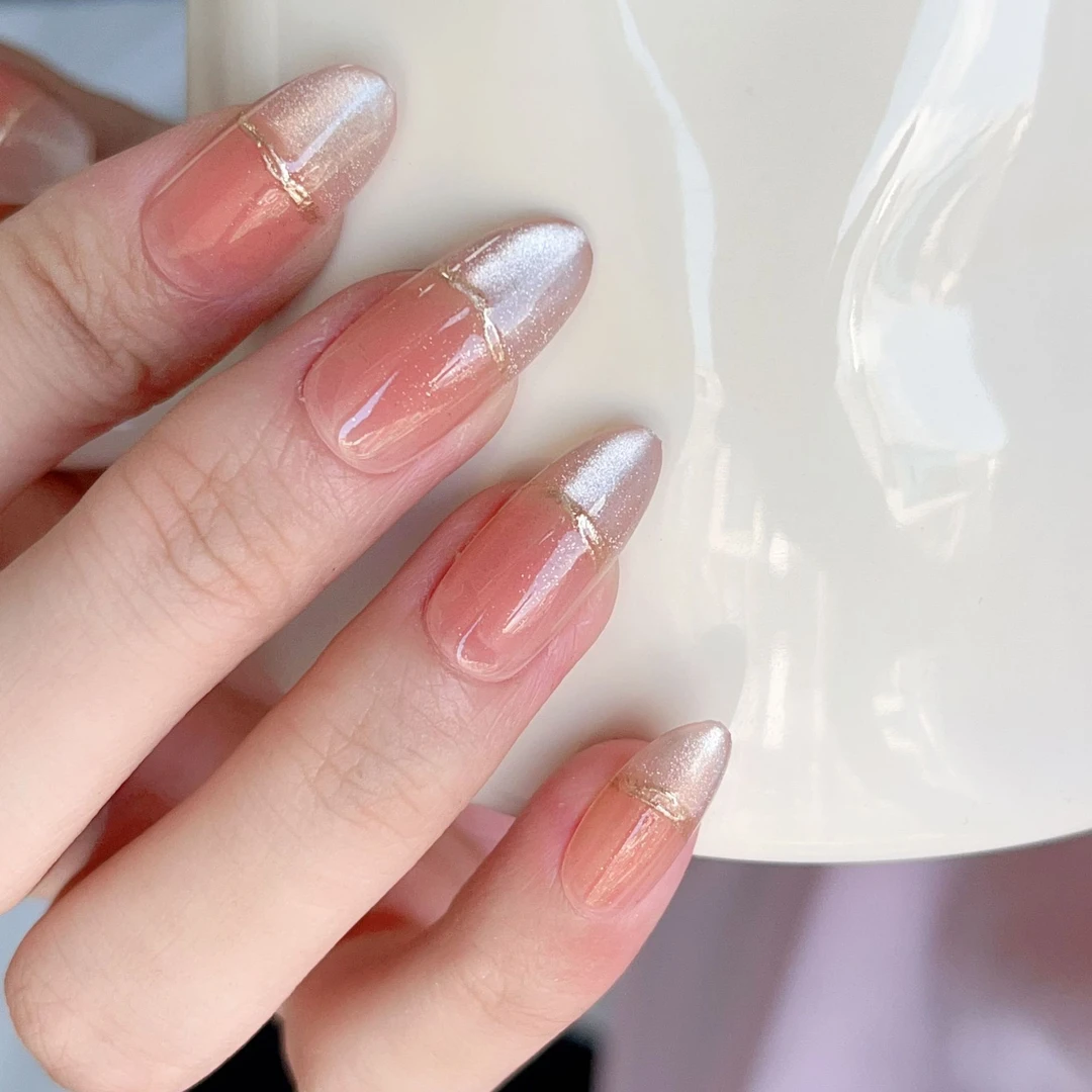 穿戴甲夏季渐变爆闪腮红猫眼裸色可拆卸指甲贴片【短杏仁】