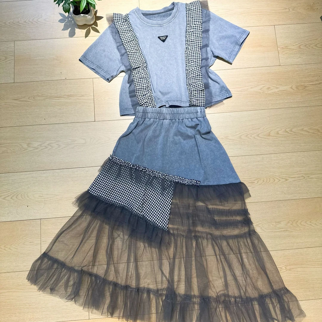 AT原创设计个性拼接不规则网纱格子木耳边两件套套装