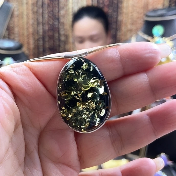 琥珀颈饰银S925镶嵌吊坠