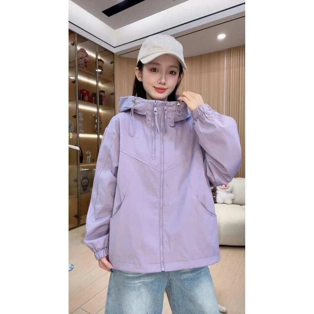 欧货短款连帽双拉炼冲锋衣外套女2025春季爆款百搭小个子夹克上衣