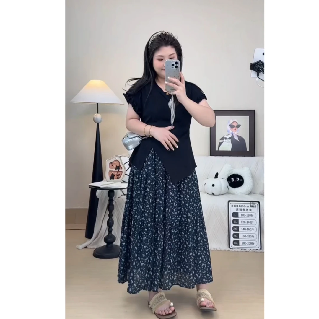 2025夏装新款胖mm大码女法式甜美设计感飞飞袖木耳边露背短袖T恤