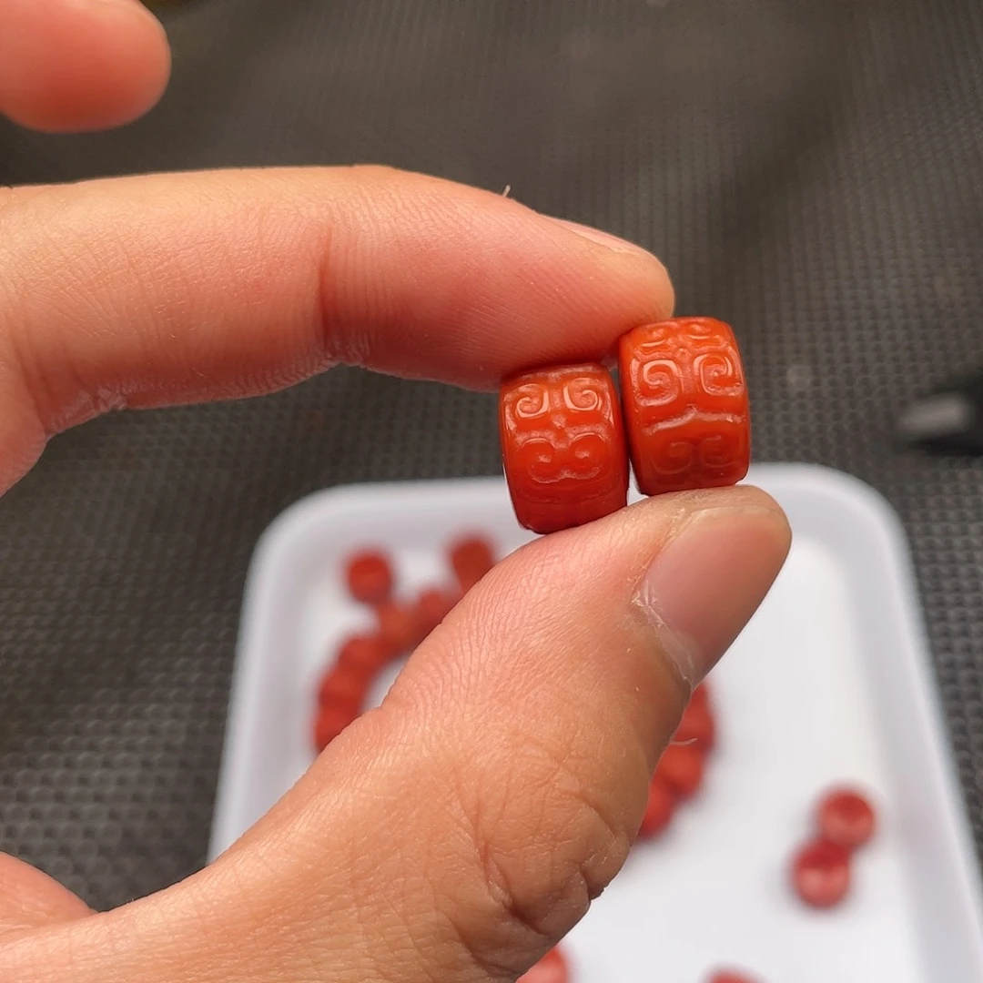 南红玛瑙3号 9*13柿子红回纹算盘珠一组2颗未镶嵌