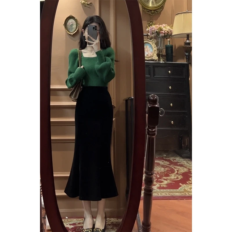【现货】新款宽松方领灯笼袖针织毛衣+针织高腰包臀鱼尾裙套装女