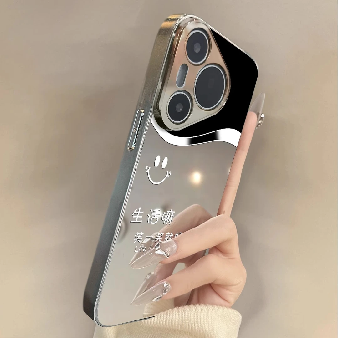 适用华为pura80Pro手机壳银边笑脸电镀镜面p70ultra全包p60防摔女