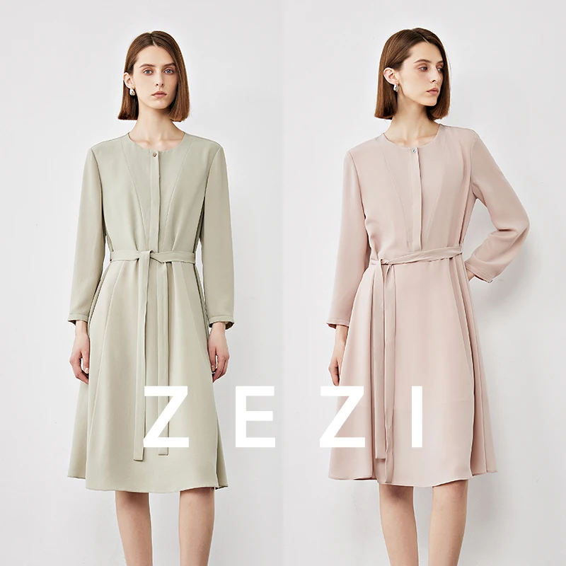 ZEZI【海风裙】日本进口三醋酸夏天连衣裙圆领长袖腰带裙子爆款休闲