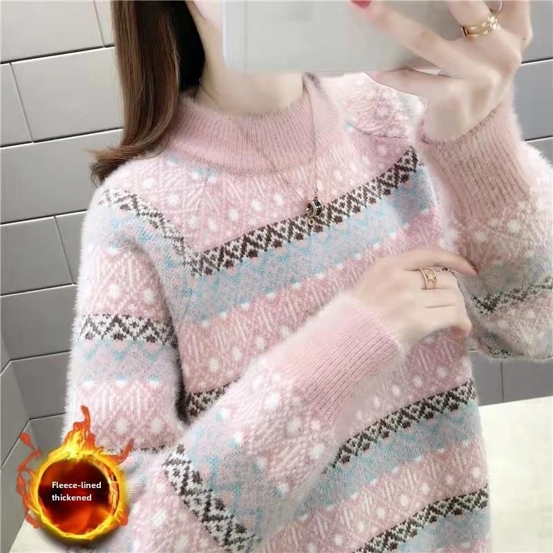 秋冬2025新款水貂绒半高领加绒加厚毛衣女外穿慵懒宽松针织衫打底