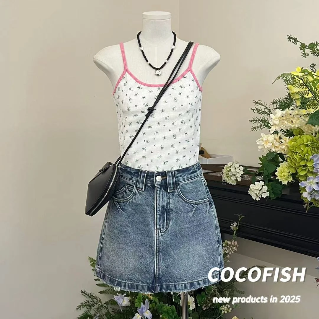 碎花拼接吊带背心外穿修身短款打底上衣#8032