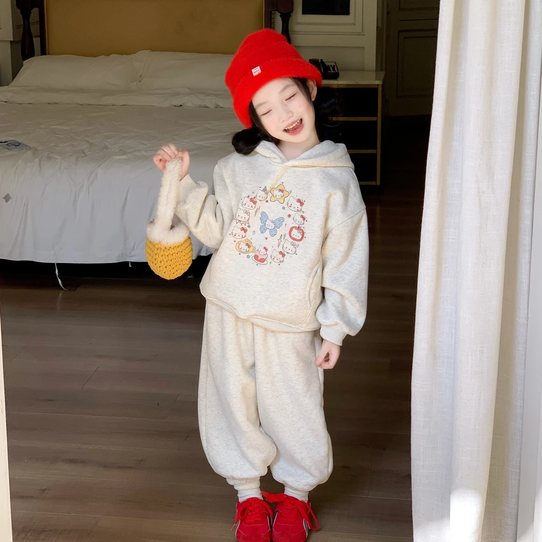 90-140女童加厚绒花灰色卫衣套装