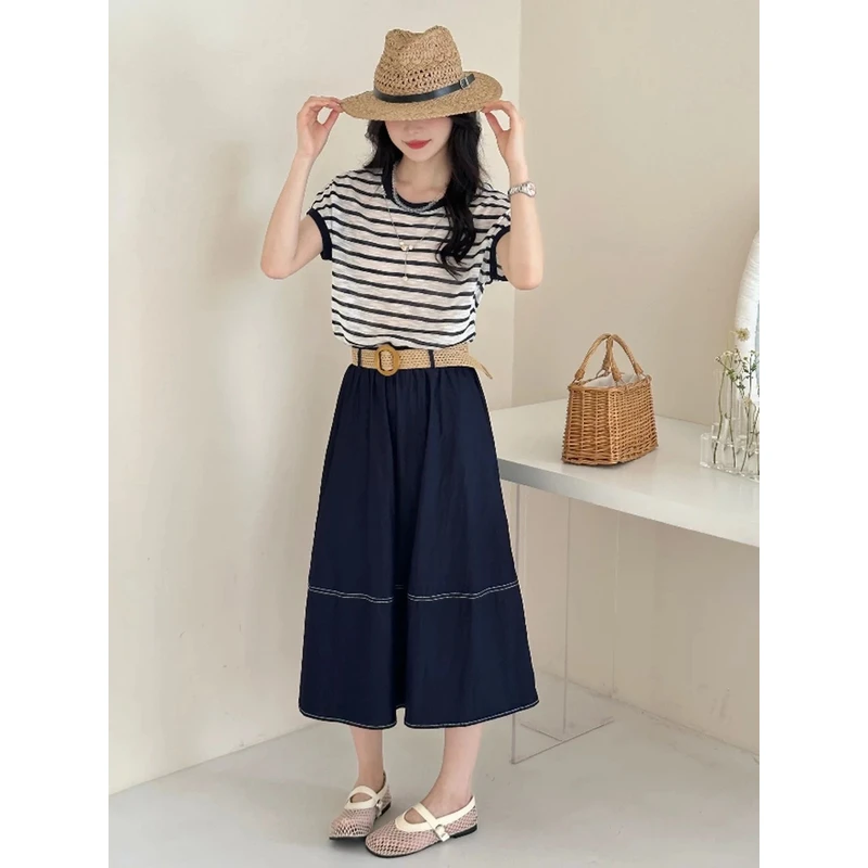 薇莎8858【现货】韩系学院风减龄蓝色条纹T恤套装裙半两件套