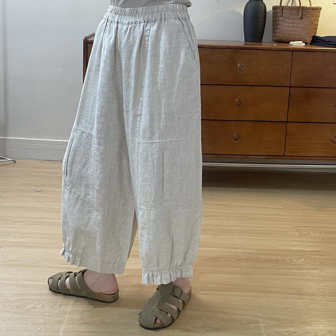 see U自制夏季花苞裤纯色100亚麻阔腿高腰宽松显瘦百搭大码八分
