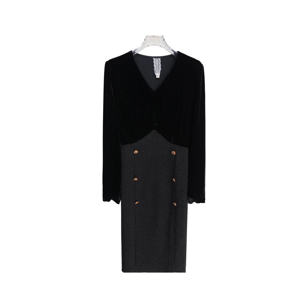 时尚高雅气质v领修身拼接长袖连衣裙S5047