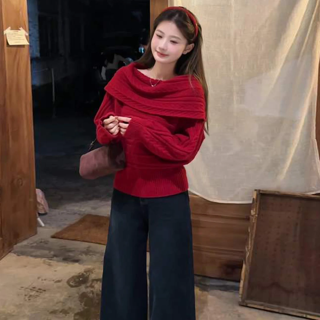 圣诞新年红色一字肩绞花毛衣女2025新款秋冬季慵懒温柔风针织上衣