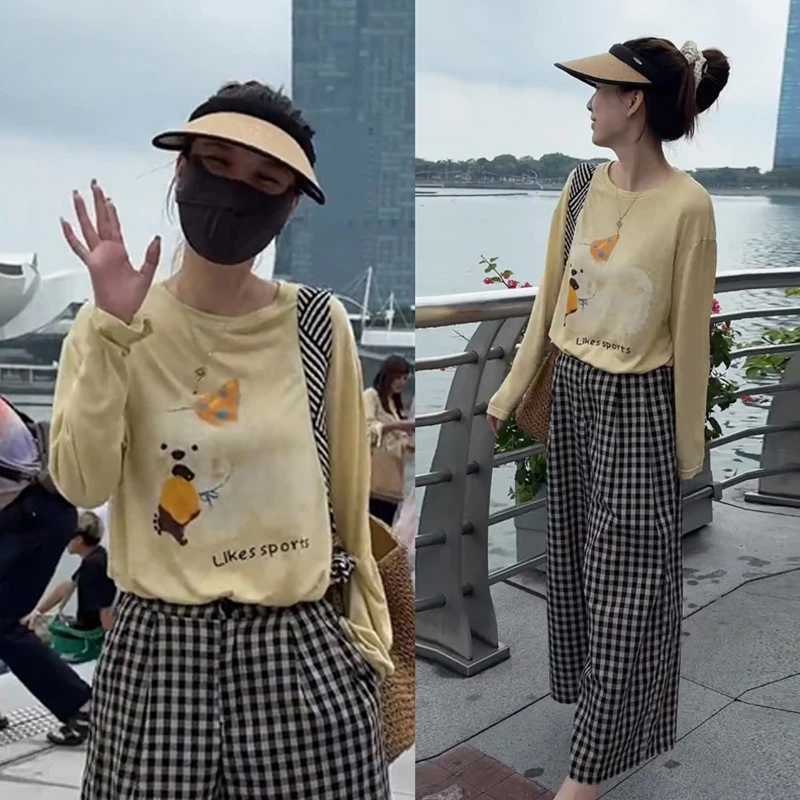 韩系慵懒感印花长袖T恤阔腿直筒格子裤女夏季新款遮肉休闲两件套