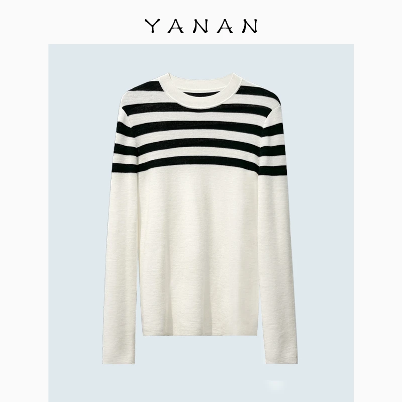 【亚楠本楠】时尚舒适黑白条纹绵羊毛针织衫3135