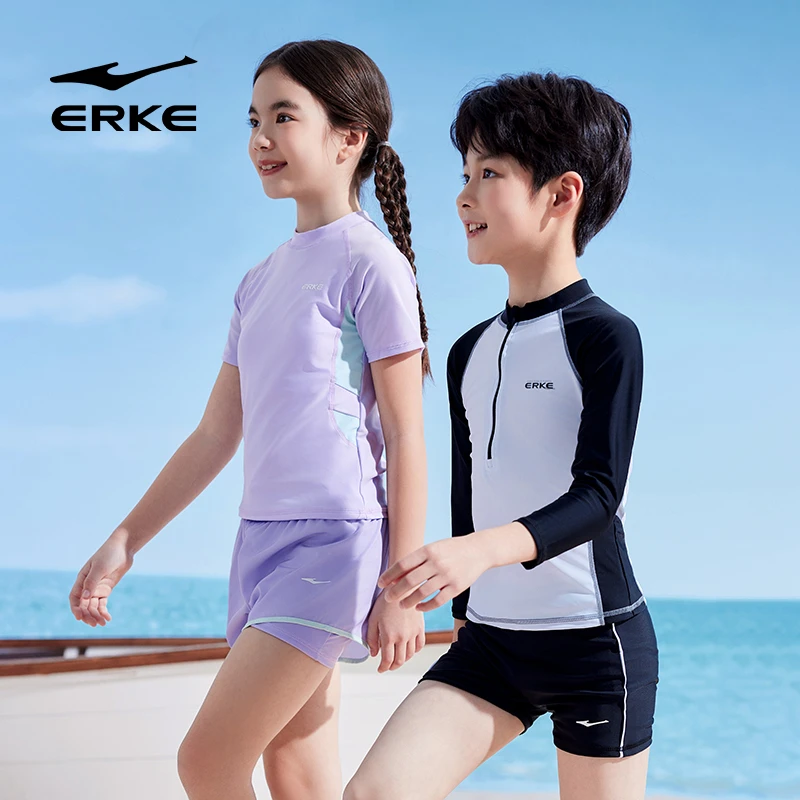 erke/鸿星尔克女童分体印花泳衣套装小中大童透气舒适温泉泳衣