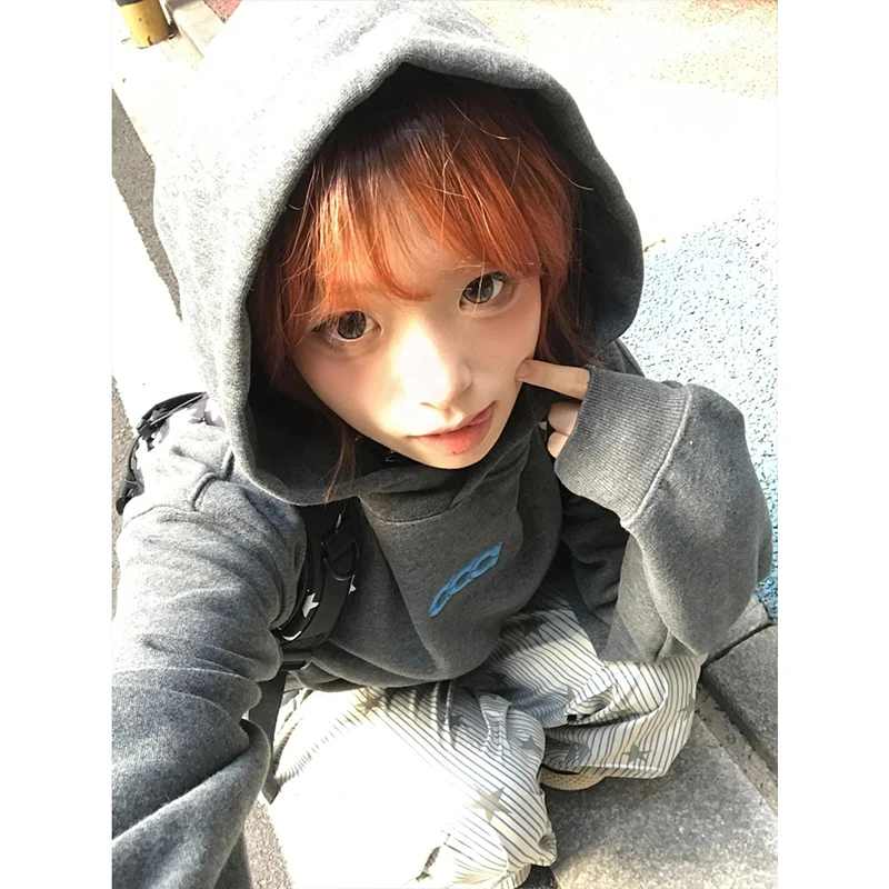 字母刺绣深灰色连帽卫衣男秋季美式复古潮牌帽衫高街vibe情侣外套