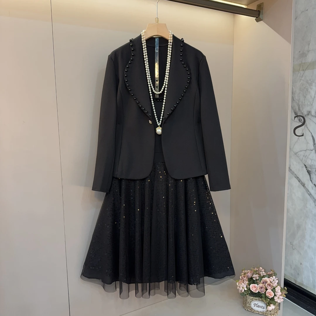 大码女装翻领钉珠西服外套网纱裙胖MM2025春秋新款时尚显瘦两件套